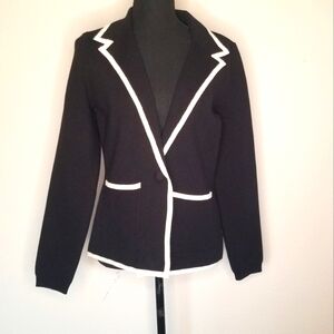 Marled double knit black blazer notched collar cream trim pockets M TINY FLAW
